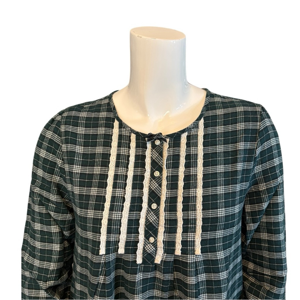 Charter Club Green Plaid Flannel Night Gown, M, Lace Trim - Picture 4 of 16